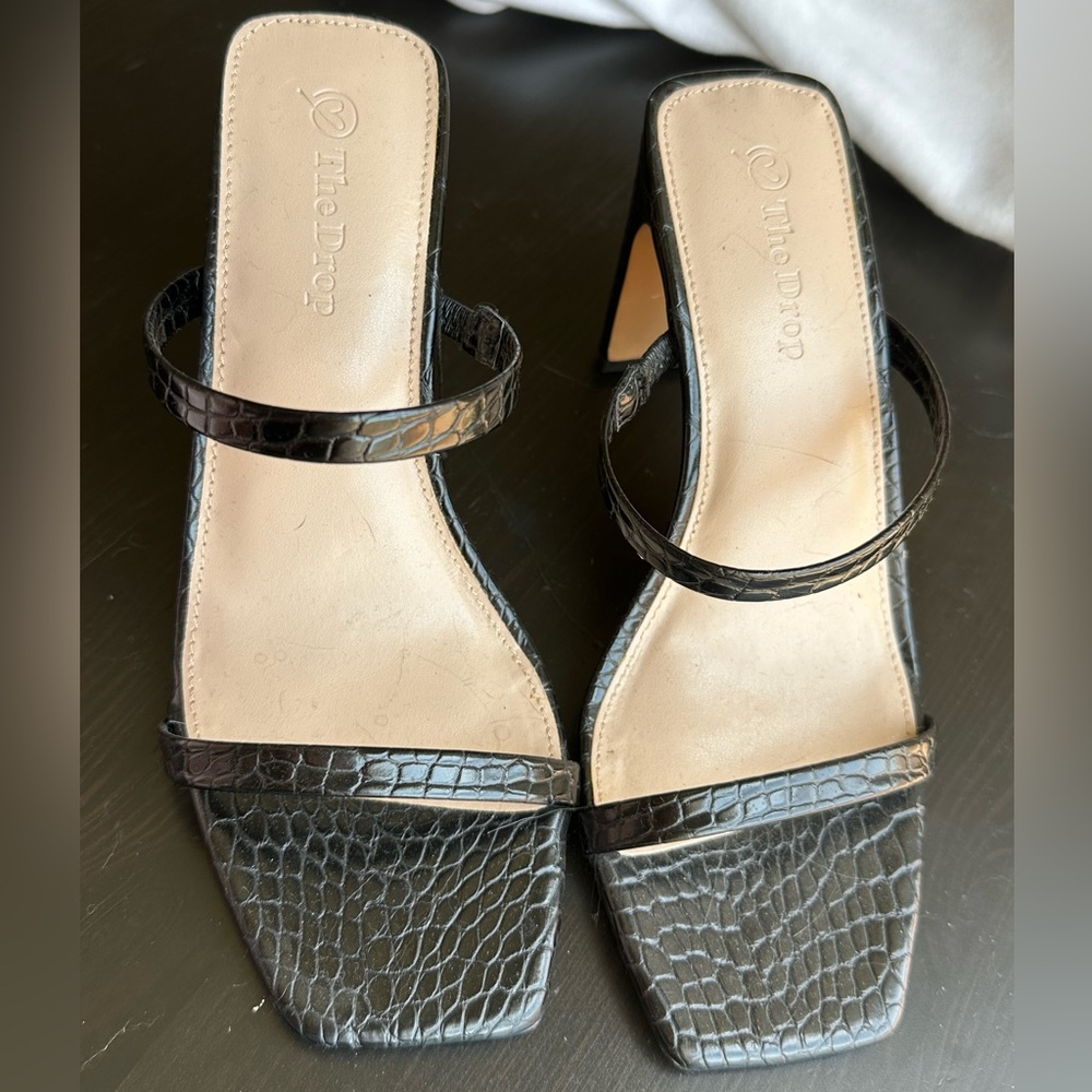 Black Croc-Embossed Two-Strap Heeled Sandal
